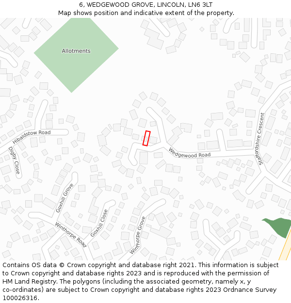 6, WEDGEWOOD GROVE, LINCOLN, LN6 3LT: Location map and indicative extent of plot