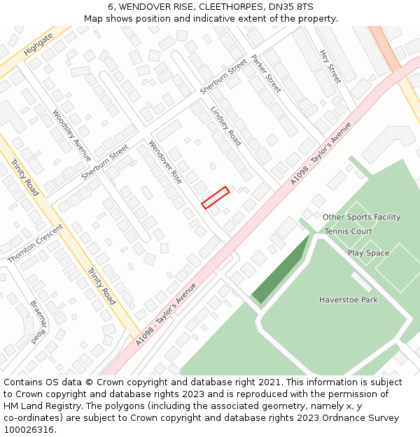 6, WENDOVER RISE, CLEETHORPES, DN35 8TS: Location map and indicative extent of plot