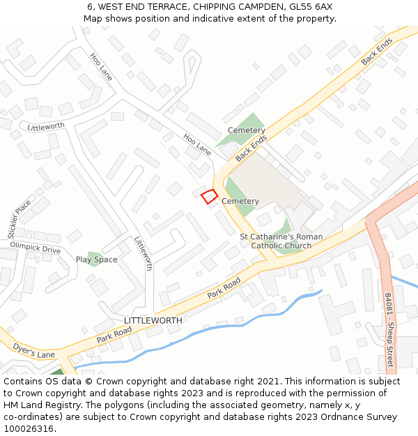 6, WEST END TERRACE, CHIPPING CAMPDEN, GL55 6AX: Location map and indicative extent of plot