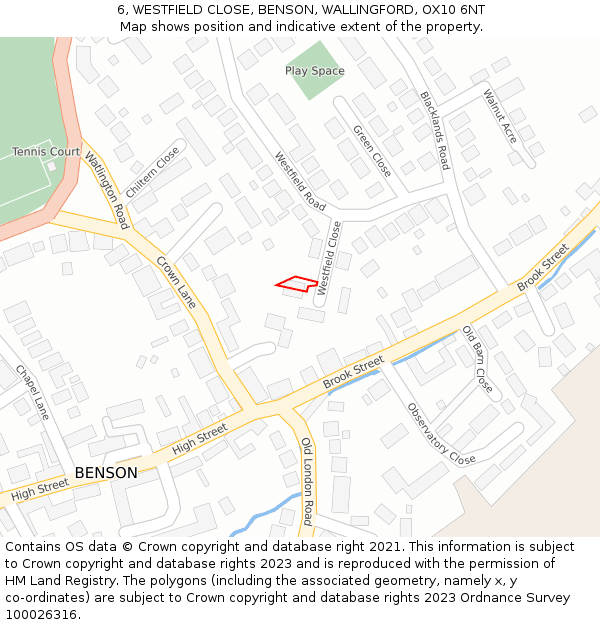 6, WESTFIELD CLOSE, BENSON, WALLINGFORD, OX10 6NT: Location map and indicative extent of plot