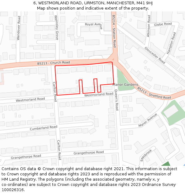 6, WESTMORLAND ROAD, URMSTON, MANCHESTER, M41 9HJ: Location map and indicative extent of plot