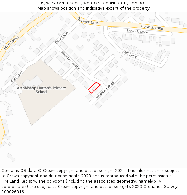 6, WESTOVER ROAD, WARTON, CARNFORTH, LA5 9QT: Location map and indicative extent of plot