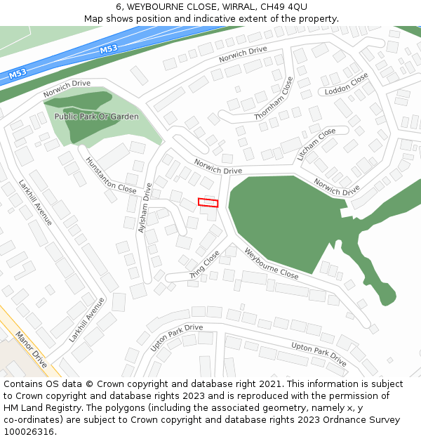 6, WEYBOURNE CLOSE, WIRRAL, CH49 4QU: Location map and indicative extent of plot