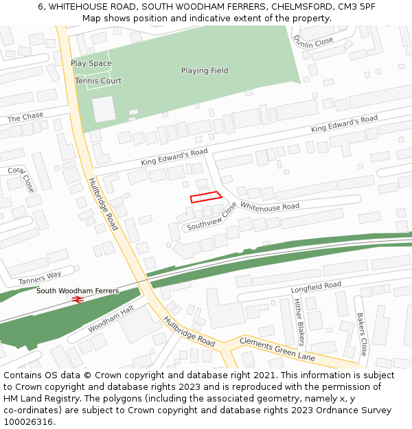 6, WHITEHOUSE ROAD, SOUTH WOODHAM FERRERS, CHELMSFORD, CM3 5PF: Location map and indicative extent of plot