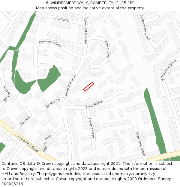 6, WINDERMERE WALK, CAMBERLEY, GU15 1RP: Location map and indicative extent of plot