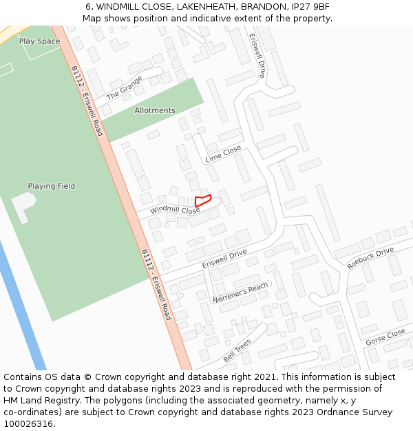 6, WINDMILL CLOSE, LAKENHEATH, BRANDON, IP27 9BF: Location map and indicative extent of plot