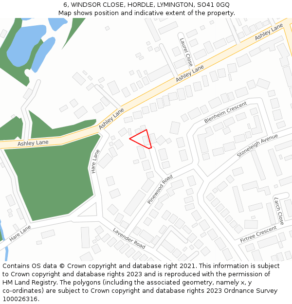 6, WINDSOR CLOSE, HORDLE, LYMINGTON, SO41 0GQ: Location map and indicative extent of plot