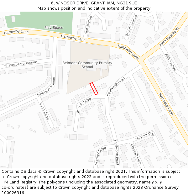 6, WINDSOR DRIVE, GRANTHAM, NG31 9UB: Location map and indicative extent of plot