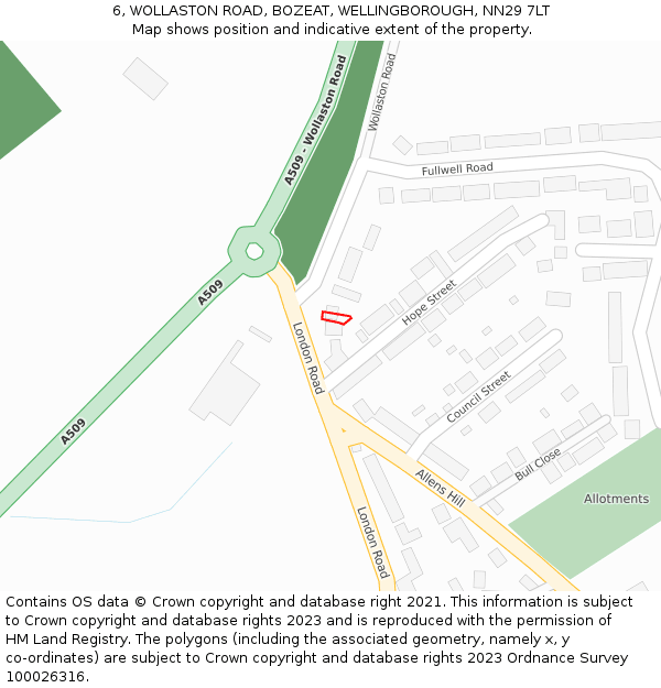 6, WOLLASTON ROAD, BOZEAT, WELLINGBOROUGH, NN29 7LT: Location map and indicative extent of plot