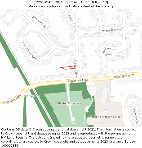 6, WOODGATE DRIVE, BIRSTALL, LEICESTER, LE4 3JU: Location map and indicative extent of plot