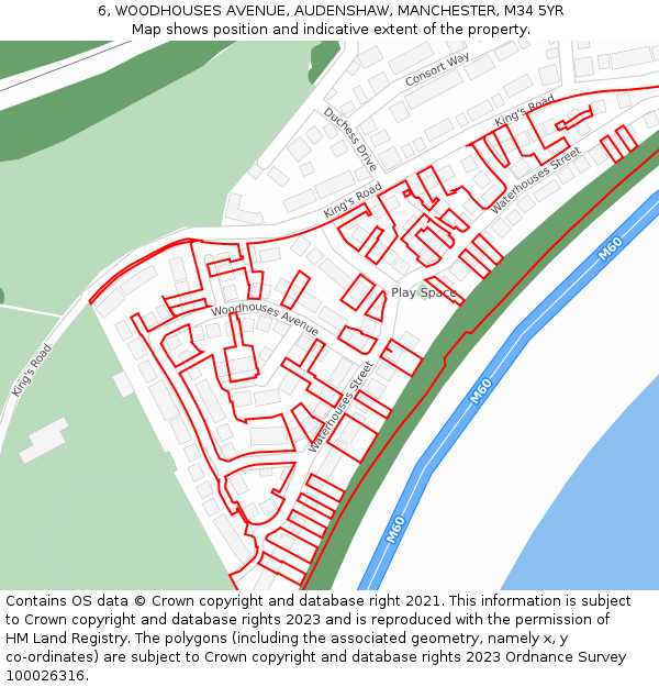 6, WOODHOUSES AVENUE, AUDENSHAW, MANCHESTER, M34 5YR: Location map and indicative extent of plot