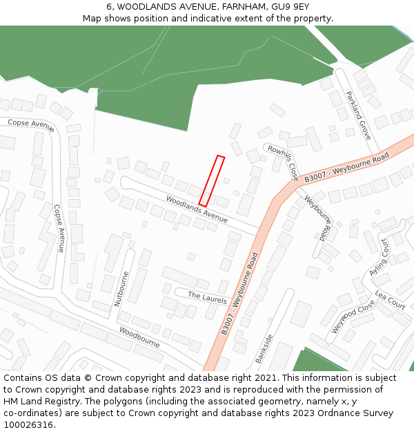 6, WOODLANDS AVENUE, FARNHAM, GU9 9EY: Location map and indicative extent of plot