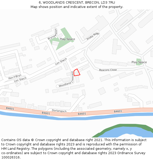 6, WOODLANDS CRESCENT, BRECON, LD3 7RU: Location map and indicative extent of plot