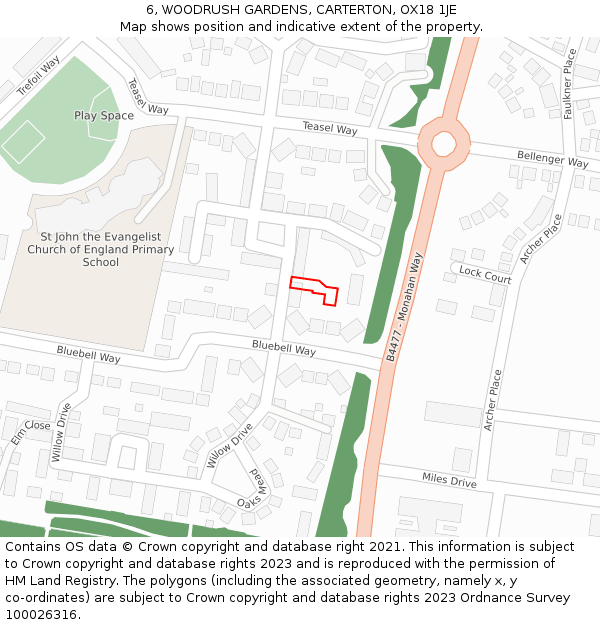 6, WOODRUSH GARDENS, CARTERTON, OX18 1JE: Location map and indicative extent of plot