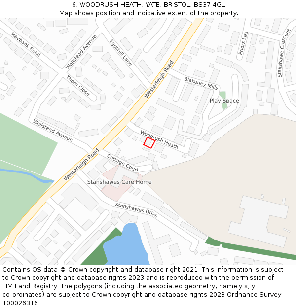 6, WOODRUSH HEATH, YATE, BRISTOL, BS37 4GL: Location map and indicative extent of plot