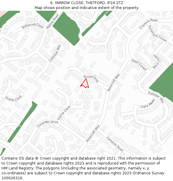 6, YARROW CLOSE, THETFORD, IP24 2TZ: Location map and indicative extent of plot