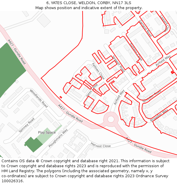 6, YATES CLOSE, WELDON, CORBY, NN17 3LS: Location map and indicative extent of plot