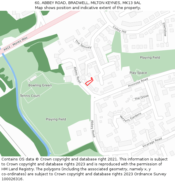 60, ABBEY ROAD, BRADWELL, MILTON KEYNES, MK13 9AL: Location map and indicative extent of plot