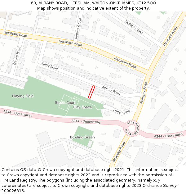 60, ALBANY ROAD, HERSHAM, WALTON-ON-THAMES, KT12 5QQ: Location map and indicative extent of plot