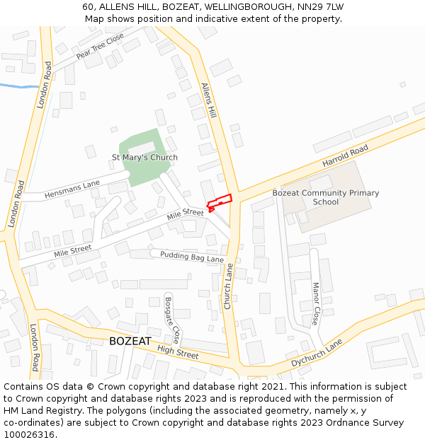 60, ALLENS HILL, BOZEAT, WELLINGBOROUGH, NN29 7LW: Location map and indicative extent of plot