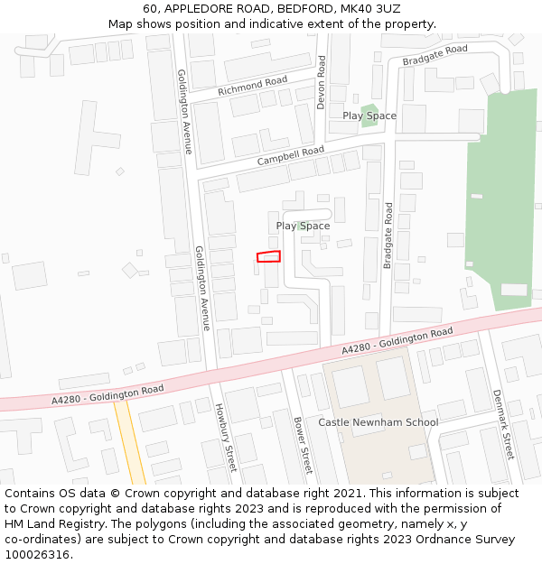 60, APPLEDORE ROAD, BEDFORD, MK40 3UZ: Location map and indicative extent of plot