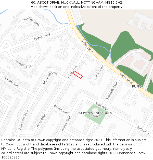 60, ASCOT DRIVE, HUCKNALL, NOTTINGHAM, NG15 6HZ: Location map and indicative extent of plot