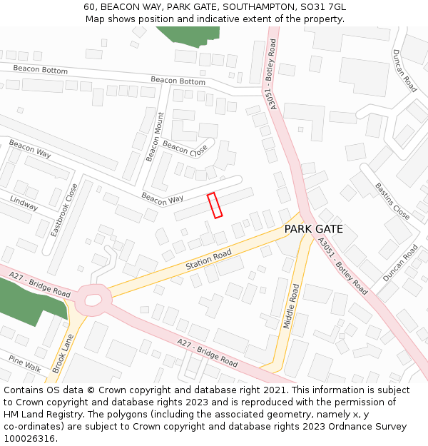 60, BEACON WAY, PARK GATE, SOUTHAMPTON, SO31 7GL: Location map and indicative extent of plot