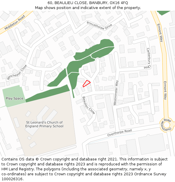 60, BEAULIEU CLOSE, BANBURY, OX16 4FQ: Location map and indicative extent of plot