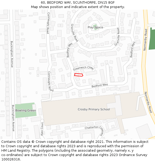 60, BEDFORD WAY, SCUNTHORPE, DN15 8GF: Location map and indicative extent of plot