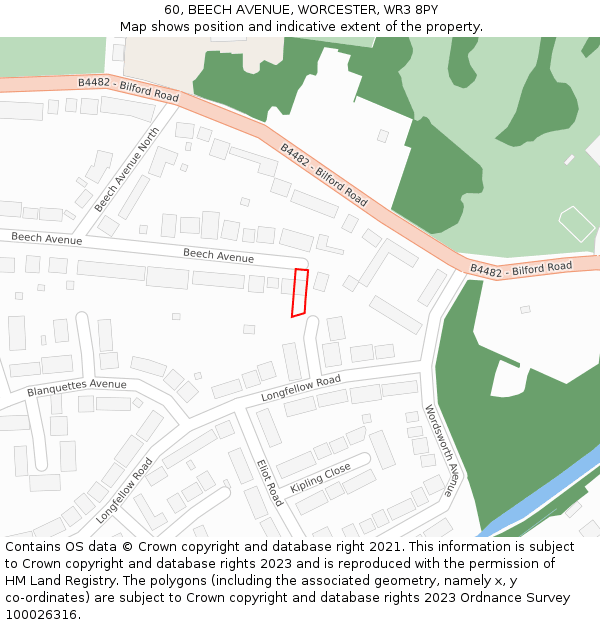 60, BEECH AVENUE, WORCESTER, WR3 8PY: Location map and indicative extent of plot