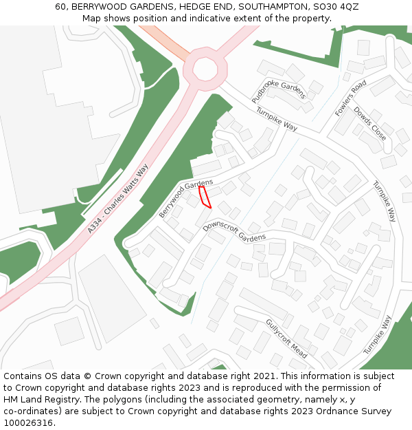 60, BERRYWOOD GARDENS, HEDGE END, SOUTHAMPTON, SO30 4QZ: Location map and indicative extent of plot