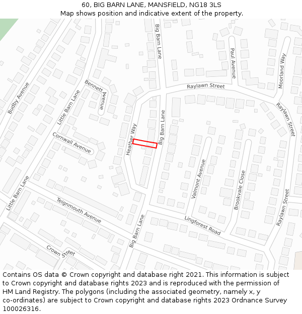 60, BIG BARN LANE, MANSFIELD, NG18 3LS: Location map and indicative extent of plot