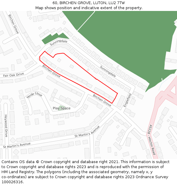 60, BIRCHEN GROVE, LUTON, LU2 7TW: Location map and indicative extent of plot