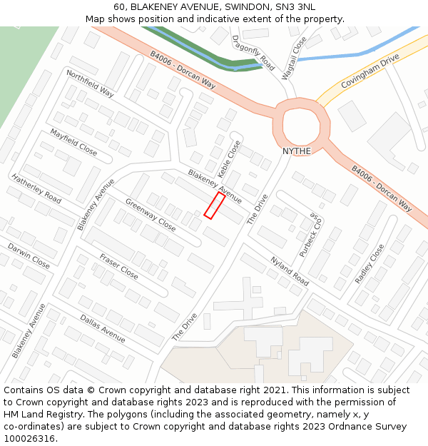 60, BLAKENEY AVENUE, SWINDON, SN3 3NL: Location map and indicative extent of plot