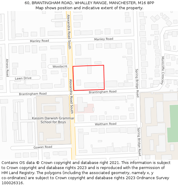 60, BRANTINGHAM ROAD, WHALLEY RANGE, MANCHESTER, M16 8PP: Location map and indicative extent of plot