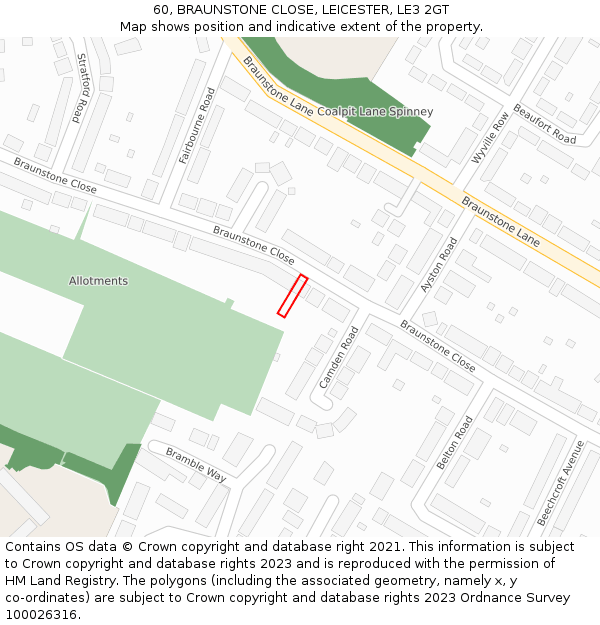 60, BRAUNSTONE CLOSE, LEICESTER, LE3 2GT: Location map and indicative extent of plot