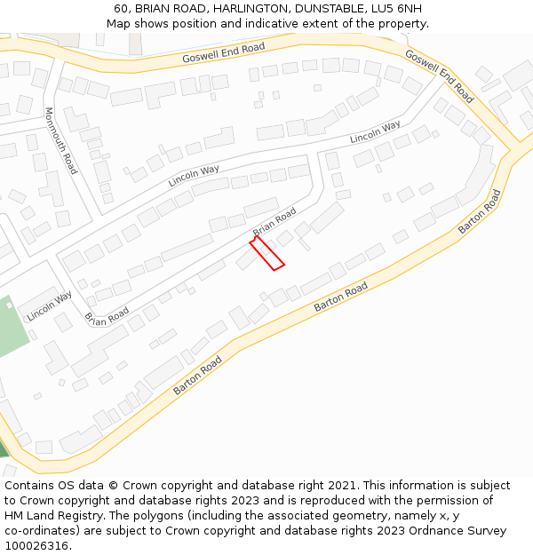 60, BRIAN ROAD, HARLINGTON, DUNSTABLE, LU5 6NH: Location map and indicative extent of plot