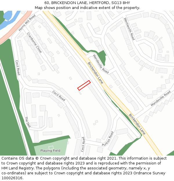 60, BRICKENDON LANE, HERTFORD, SG13 8HY: Location map and indicative extent of plot