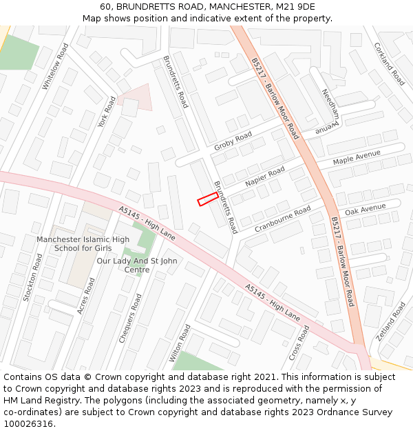 60, BRUNDRETTS ROAD, MANCHESTER, M21 9DE: Location map and indicative extent of plot