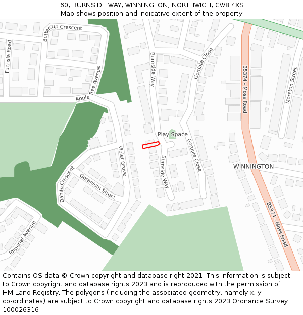 60, BURNSIDE WAY, WINNINGTON, NORTHWICH, CW8 4XS: Location map and indicative extent of plot