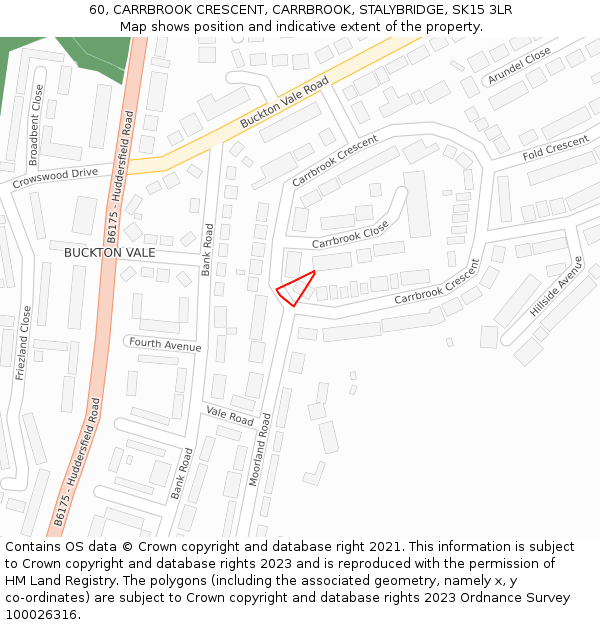 60, CARRBROOK CRESCENT, CARRBROOK, STALYBRIDGE, SK15 3LR: Location map and indicative extent of plot