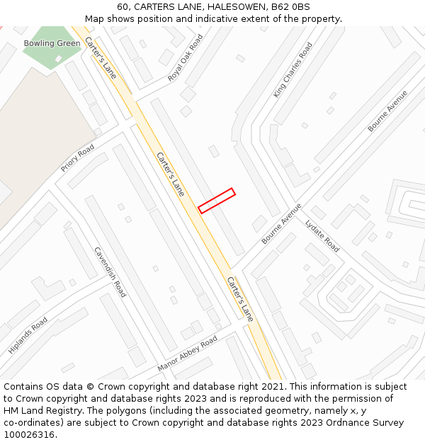 60, CARTERS LANE, HALESOWEN, B62 0BS: Location map and indicative extent of plot