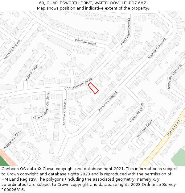 60, CHARLESWORTH DRIVE, WATERLOOVILLE, PO7 6AZ: Location map and indicative extent of plot