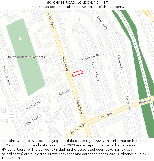 60, CHASE ROAD, LONDON, N14 4ET: Location map and indicative extent of plot