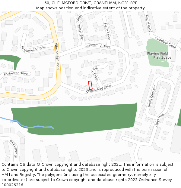 60, CHELMSFORD DRIVE, GRANTHAM, NG31 8PF: Location map and indicative extent of plot