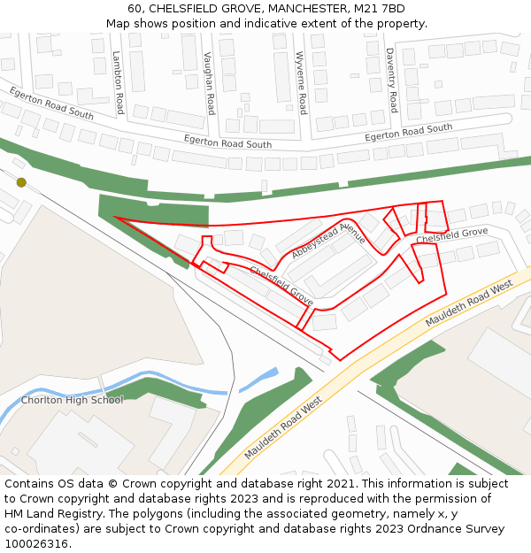 60, CHELSFIELD GROVE, MANCHESTER, M21 7BD: Location map and indicative extent of plot