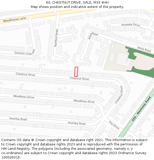 60, CHESTNUT DRIVE, SALE, M33 4HH: Location map and indicative extent of plot