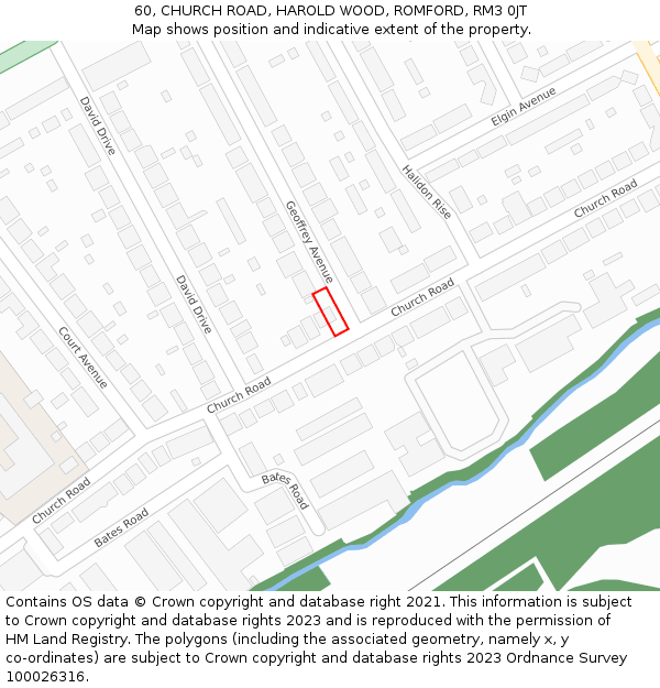 60, CHURCH ROAD, HAROLD WOOD, ROMFORD, RM3 0JT: Location map and indicative extent of plot