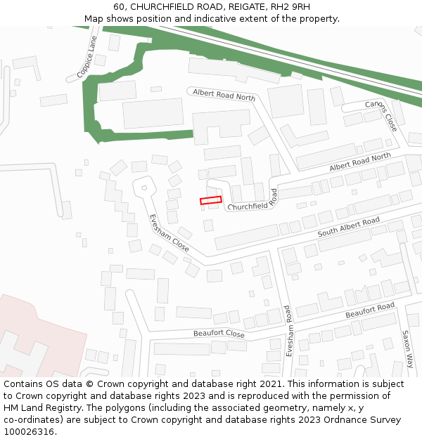 60, CHURCHFIELD ROAD, REIGATE, RH2 9RH: Location map and indicative extent of plot