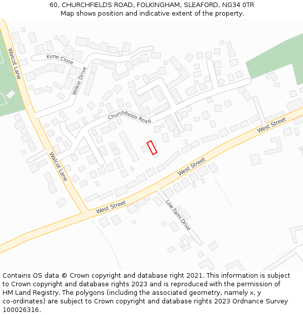 60, CHURCHFIELDS ROAD, FOLKINGHAM, SLEAFORD, NG34 0TR: Location map and indicative extent of plot